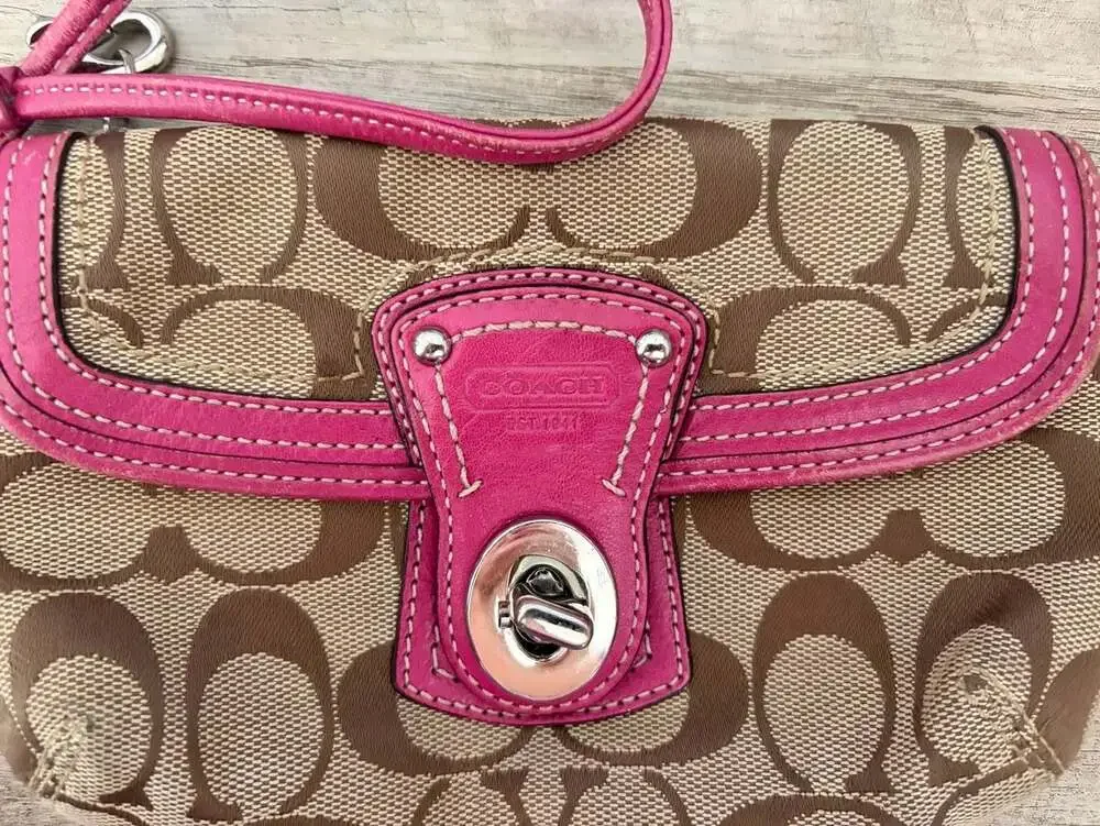 Coach Signature Brown and Pink Turnlock Wristlet